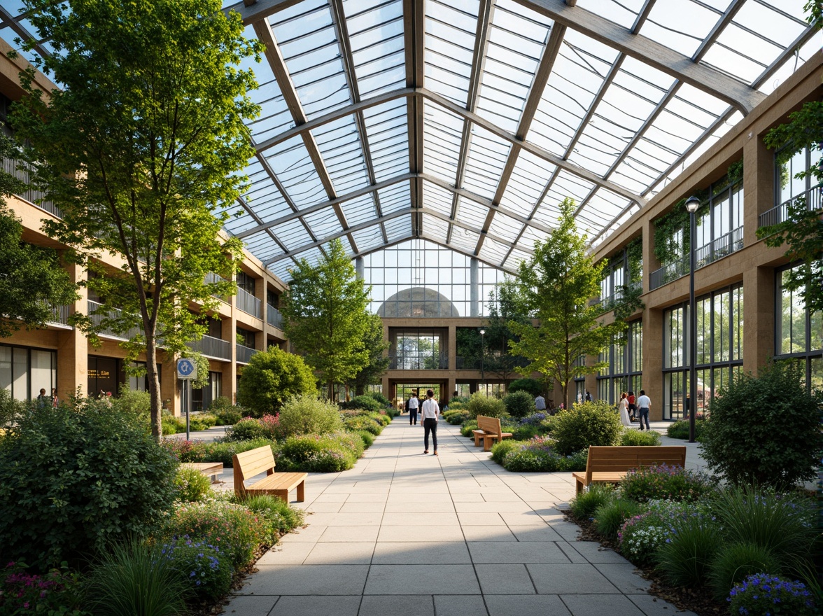 Prompt: Elegant greenhouse, lush greenery, abundant natural light, clerestory windows, skylights, transparent roof panels, steel frames, minimalist architecture, modern academic style, vibrant flowers, educational signs, wooden benches, stone pathways, warm sunny day, soft diffused lighting, shallow depth of field, 1/1 composition, realistic textures, ambient occlusion.