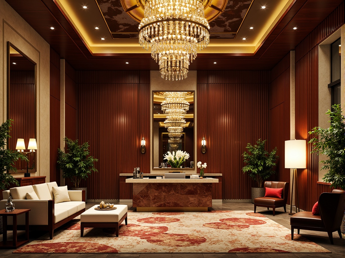 Prompt: Luxurious office interior, Art Deco style, metallic accents, geometric patterns, bold color schemes, high-gloss finishes, polished chrome fixtures, rich wood tones, marble countertops, ornate mirrors, statement lighting fixtures, luxurious textiles, velvet upholstery, geometric-shaped furniture, metallic leafing, opulent chandeliers, dramatic drapery, lavish rugs, sophisticated ambiance, warm golden lighting, shallow depth of field, 1/1 composition, realistic textures, ambient occlusion.