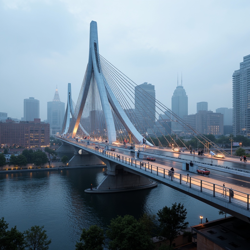 Prompt: Futuristic bridge, sleek metal arches, suspension cables, modern fusion architecture, dynamic curves, angular lines, vibrant LED lighting, urban cityscape, misty morning atmosphere, shallow depth of field, 1/2 composition, realistic reflections, ambient occlusion, intricate structural details, steel beams, reinforced concrete pillars, cantilevered sections, pedestrian walkways, vehicle traffic lanes, water flow simulations, rippling water effects, surrounding skyscrapers, bustling city life.