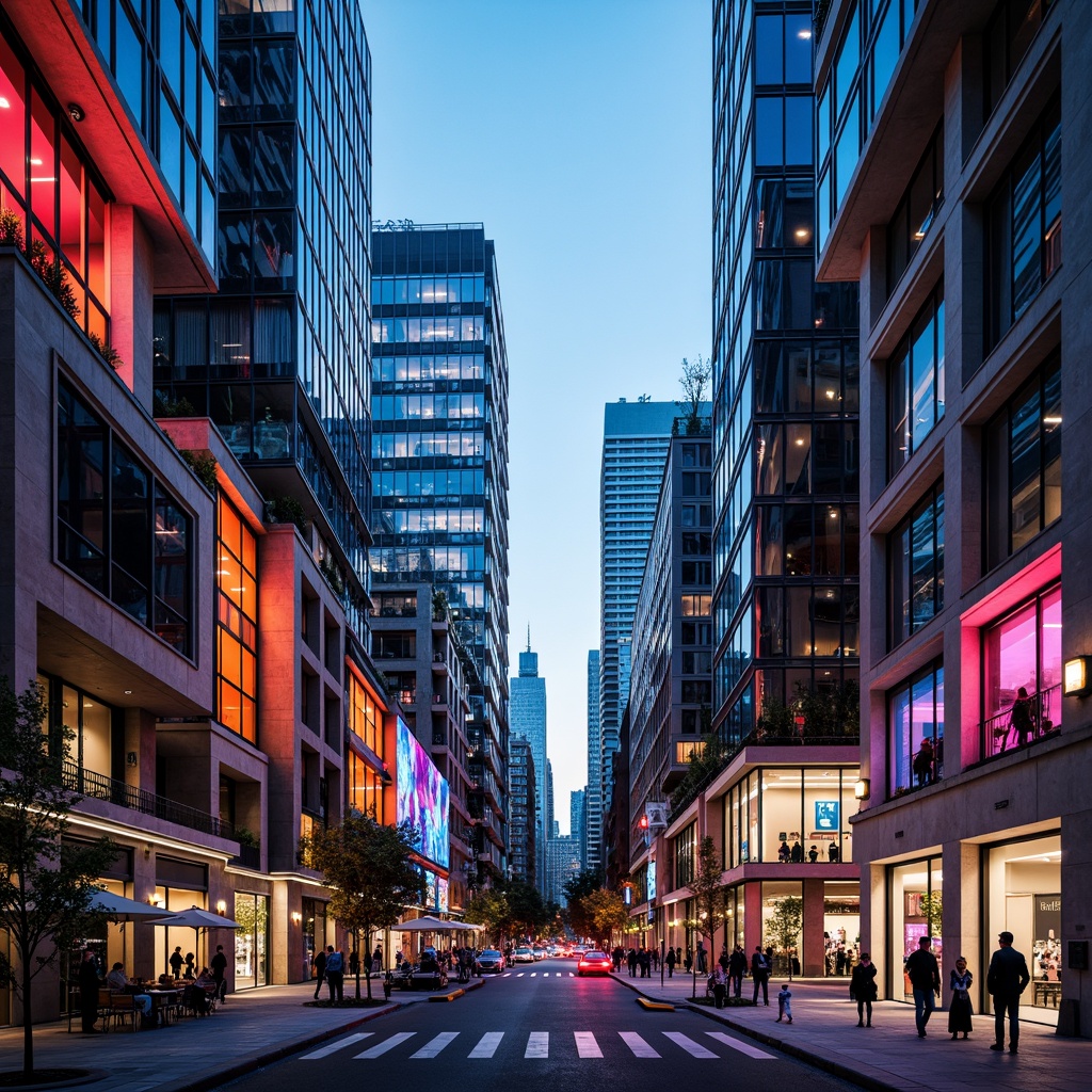 Prompt: Vibrant cityscape, modern skyscrapers, bold color blocking, contrasting hues, neon lights, urban landscape, bustling streets, pedestrian walkways, dynamic architecture, geometric patterns, metallic accents, glass facades, LED installations, futuristic ambiance, high-contrast lighting, dramatic shadows, 1/1 composition, low-angle shot, cinematic mood, realistic reflections.