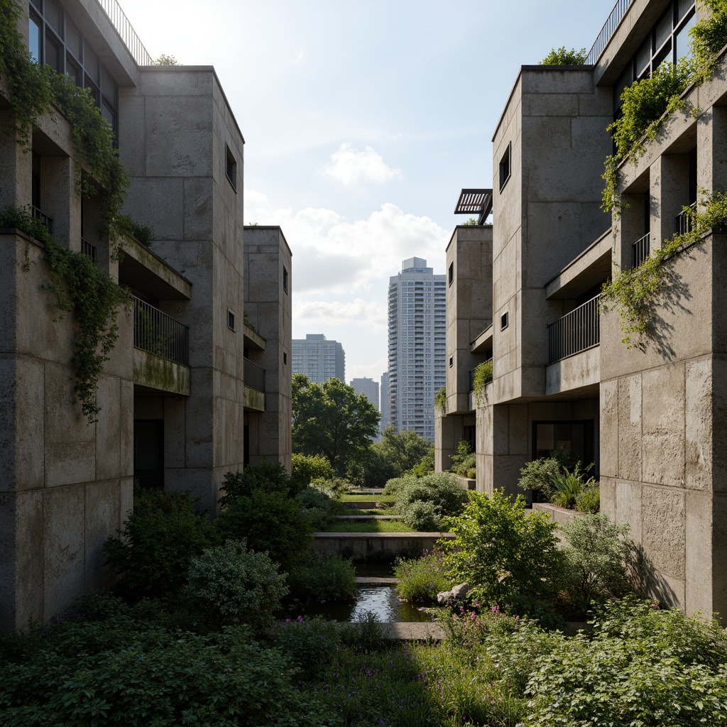 Prompt: Rugged brutalist buildings, raw concrete textures, fortress-like structures, overgrown vegetation, wildflowers, moss-covered walls, weathered steel beams, industrial materials, urban landscape integration, cityscape views, elevated walkways, cantilevered sections, dramatic shadows, harsh natural light, 1/1 composition, symmetrical framing, high-contrast lighting, gritty realistic textures, ambient occlusion.