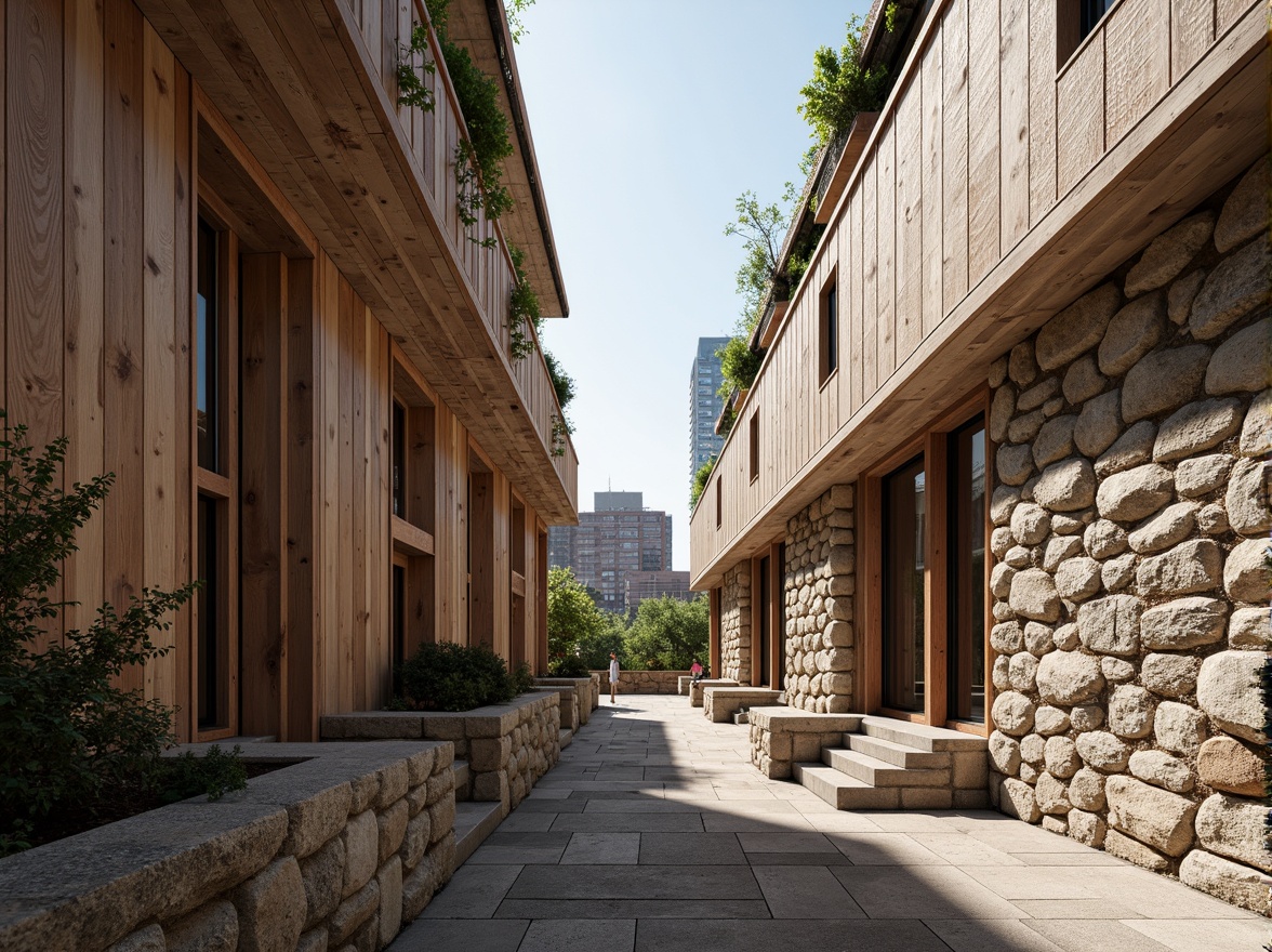 Prompt: Rough stone walls, rustic brick facades, wooden accents, natural wood grain, earthy tones, organic forms, irregular shapes, tactile experiences, 3D modeling, realistic renderings, ambient occlusion, soft warm lighting, shallow depth of field, 2/3 composition, modern architecture, sustainable design, eco-friendly materials, green roofs, living walls, urban landscapes, city skylines, industrial heritage, converted warehouses.