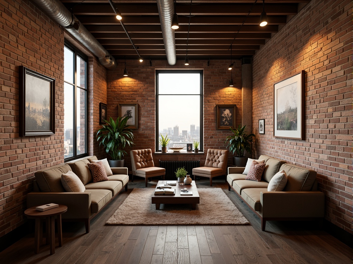 Prompt: Exposed brick walls, wooden beam ceilings, industrial metal pipes, reclaimed wood floors, vintage decorative items, soft warm lighting, cozy reading nooks, plush velvet sofas, distressed leather armchairs, eclectic art collections, floor-to-ceiling windows, cityscape views, minimalist decor, rustic-chic accents, natural textiles, earthy color palette, intimate ambiance, 1/1 composition, shallow depth of field, warm golden hour lighting, soft focus effect.