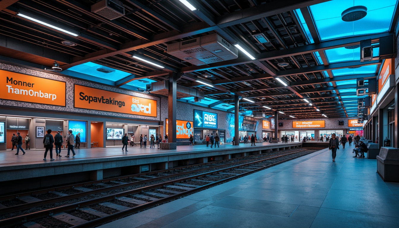 Prompt: Modern metro station, sleek architecture, futuristic design, LED light installations, dynamic color schemes, ambient occlusion, soft warm lighting, shallow depth of field, 3/4 composition, panoramic view, realistic textures, urban cityscape, bustling atmosphere, rush hour crowds, concrete platforms, stainless steel handrails, glass ceilings, intricate tile work, vibrant neon signs, abstract geometric patterns, high-contrast lighting, dramatic shadows, cinematic mood.