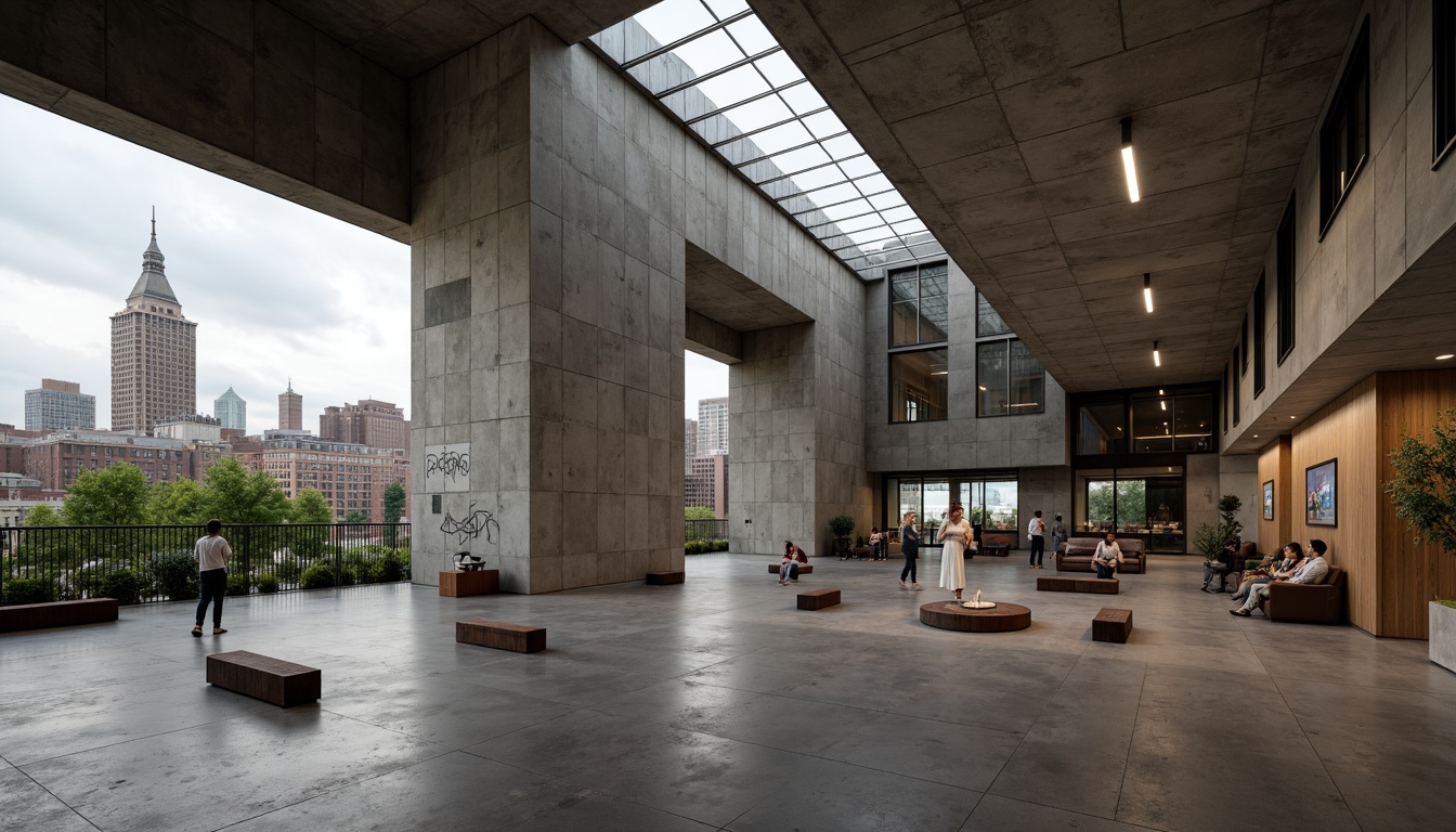 Prompt: Rugged community center, brutalist architecture, raw concrete walls, exposed ductwork, industrial metal beams, natural light pouring in, large skylights, clerestory windows, urban landscape views, gritty cityscape, overcast sky, soft diffused lighting, high contrast shadows, dramatic architectural forms, bold geometric shapes, functional minimalism, communal gathering spaces, reclaimed wood accents, weathered steel features, abstract graffiti art, moody atmospheric tones, cinematic composition, realistic textures, ambient occlusion.