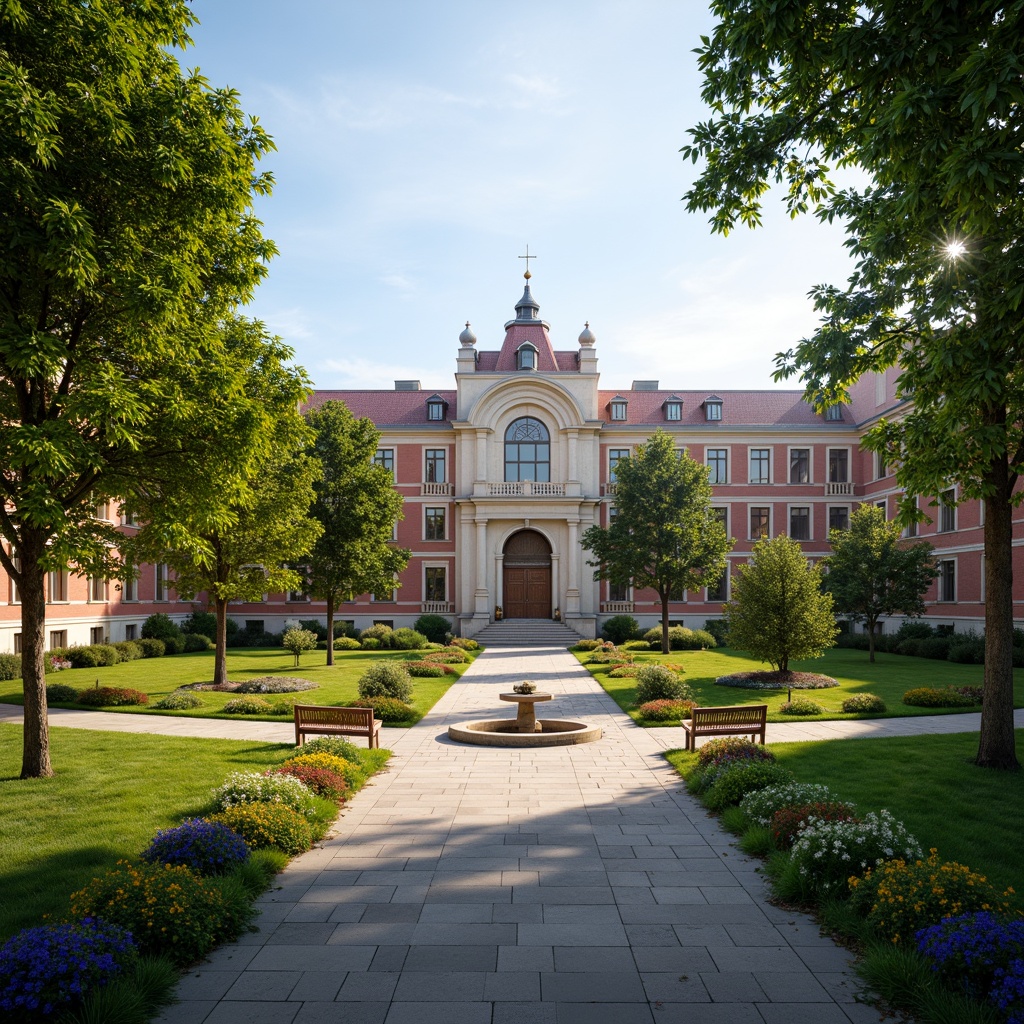 Prompt: Majestic high school building, Baroque architecture, ornate facades, grand entrance gates, lush green lawns, vibrant flower beds, meandering stone pathways, mature trees, shaded courtyards, tranquil water features, rustic benches, natural stone walls, climbing vines, blooming gardens, sunny afternoon, soft warm lighting, shallow depth of field, 3/4 composition, panoramic view, realistic textures, ambient occlusion.