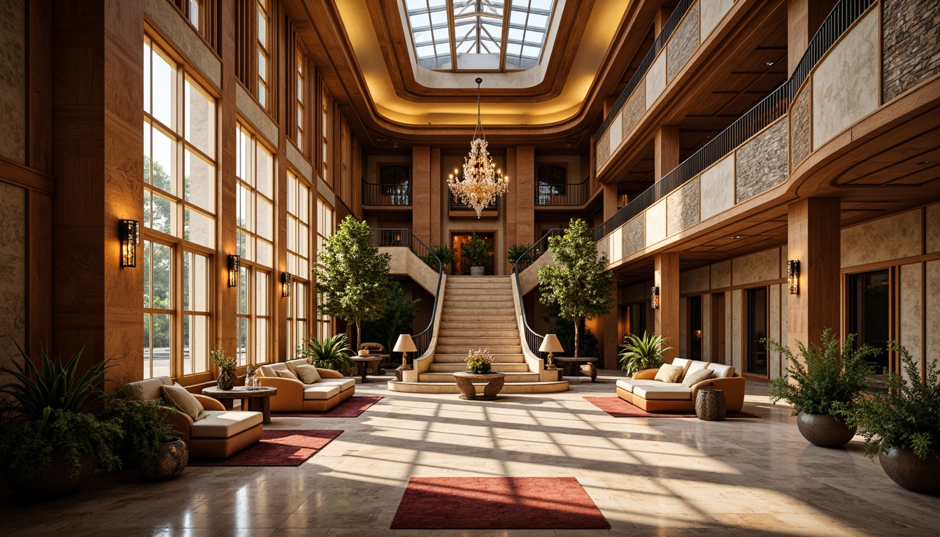 Prompt: Luxurious villa, ornate Art Deco facade, geometric patterns, metallic accents, curved lines, opulent decorations, lavish furnishings, grand staircase, intricate moldings, ornamental railings, luxurious textiles, velvet drapes, crystal chandeliers, marble floors, rich wood paneling, sunlit atrium, warm golden lighting, shallow depth of field, 1/1 composition, symmetrical framing, high-contrast rendering, realistic reflections.