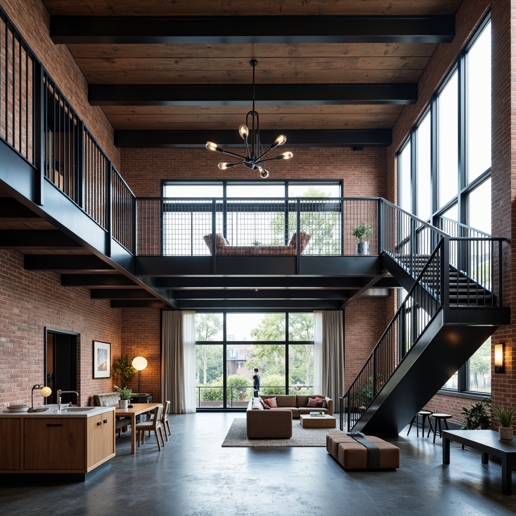 Prompt: Exposed steel beams, industrial chic aesthetic, polished concrete floors, minimalist decor, modern urban loft, open-plan living space, floor-to-ceiling windows, natural light pouring in, sleek metal staircases, geometric-shaped railings, reclaimed wood accents, distressed brick walls, edgy architectural lines, dramatic shadows, high-contrast lighting, 1/1 composition, symmetrical framing, realistic textures, ambient occlusion.