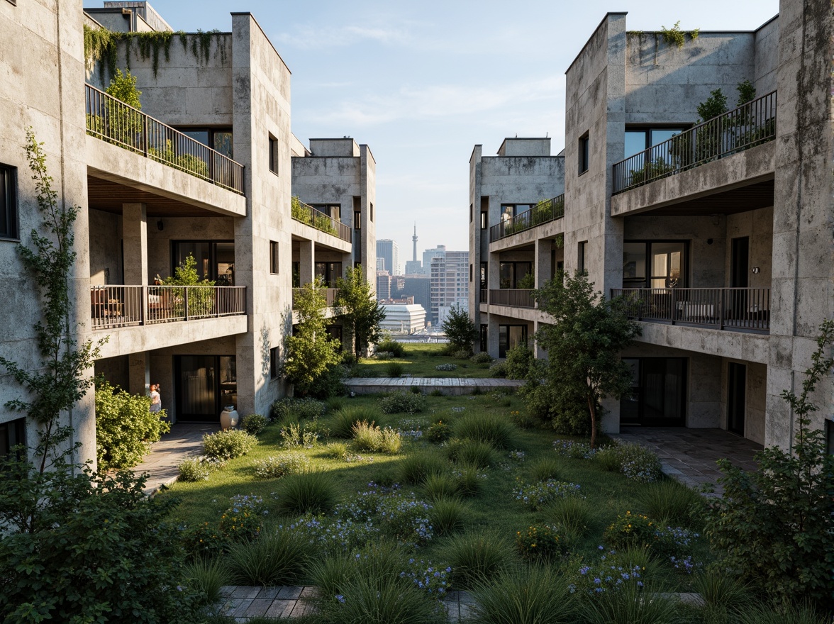 Prompt: Rugged brutalist buildings, raw concrete textures, fortress-like structures, overgrown vegetation, wildflowers, moss-covered walls, weathered steel beams, industrial materials, urban landscape integration, cityscape views, elevated walkways, cantilevered sections, dramatic shadows, harsh natural light, 1/1 composition, symmetrical framing, high-contrast colors, gritty realistic textures, ambient occlusion.