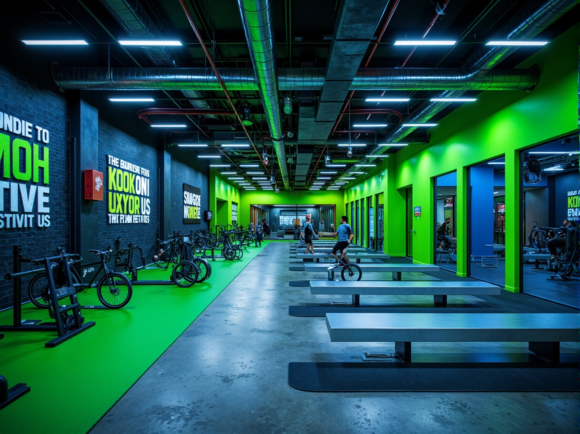 Prompt: Vibrant gym interior, bold color scheme, energetic atmosphere, neon green accents, deep blue tones, metallic silver equipment, industrial concrete floors, exposed ductwork ceilings, modern LED lighting, motivational quotes, athletic tracks, dynamic shapes, abstract patterns, high-contrast textures, dramatic shadows, 1/2 composition, low-angle shot, cinematic mood, realistic reflections.