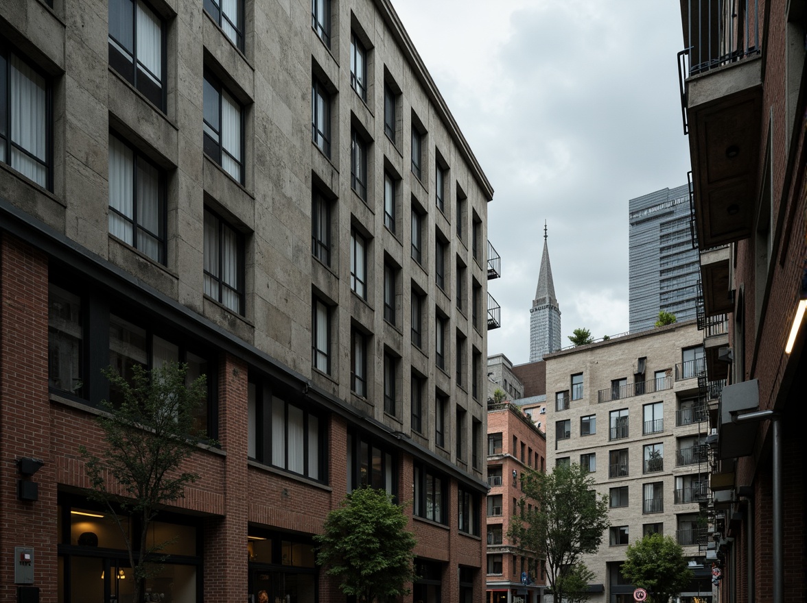 Prompt: Rough concrete walls, exposed ductwork, industrial metal beams, raw brick facades, weathered stone surfaces, distressed wood accents, brutalist monumentality, fortress-like structures, urban cityscape, overcast skies, dramatic shadows, high-contrast lighting, cinematic composition, gritty realistic textures, ambient occlusion.