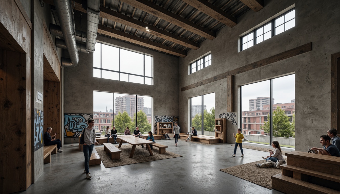 Prompt: Rugged community center, brutalist architecture, raw concrete walls, exposed ductwork, industrial metal beams, natural light pouring in, large skylights, clerestory windows, urban landscape views, gritty cityscape, overcast sky, soft diffused lighting, high contrast shadows, dramatic architectural forms, bold geometric shapes, functional minimalism, communal gathering spaces, reclaimed wood accents, weathered steel features, abstract graffiti art, moody atmospheric tones, cinematic composition, realistic textures, ambient occlusion.