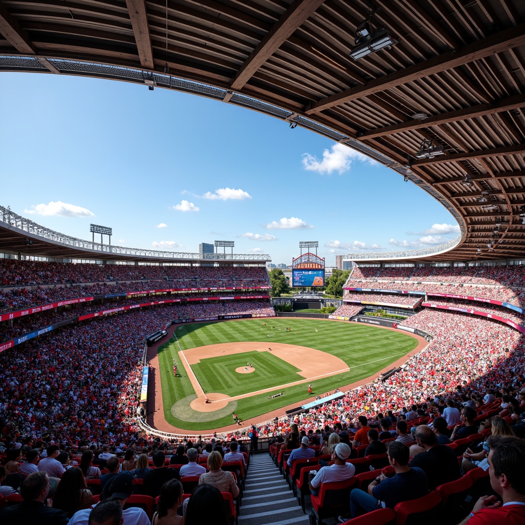 Prompt: Vibrant sports stadium, dynamic color scheme, bold team logos, energetic crowd atmosphere, bright LED lighting, sleek modern architecture, geometric patterns, angular lines, contrasting colors, high-visibility signage, branded concessions, lively entertainment areas, comfortable seating, panoramic views, warm sunny day, shallow depth of field, 3/4 composition, realistic textures, ambient occlusion.