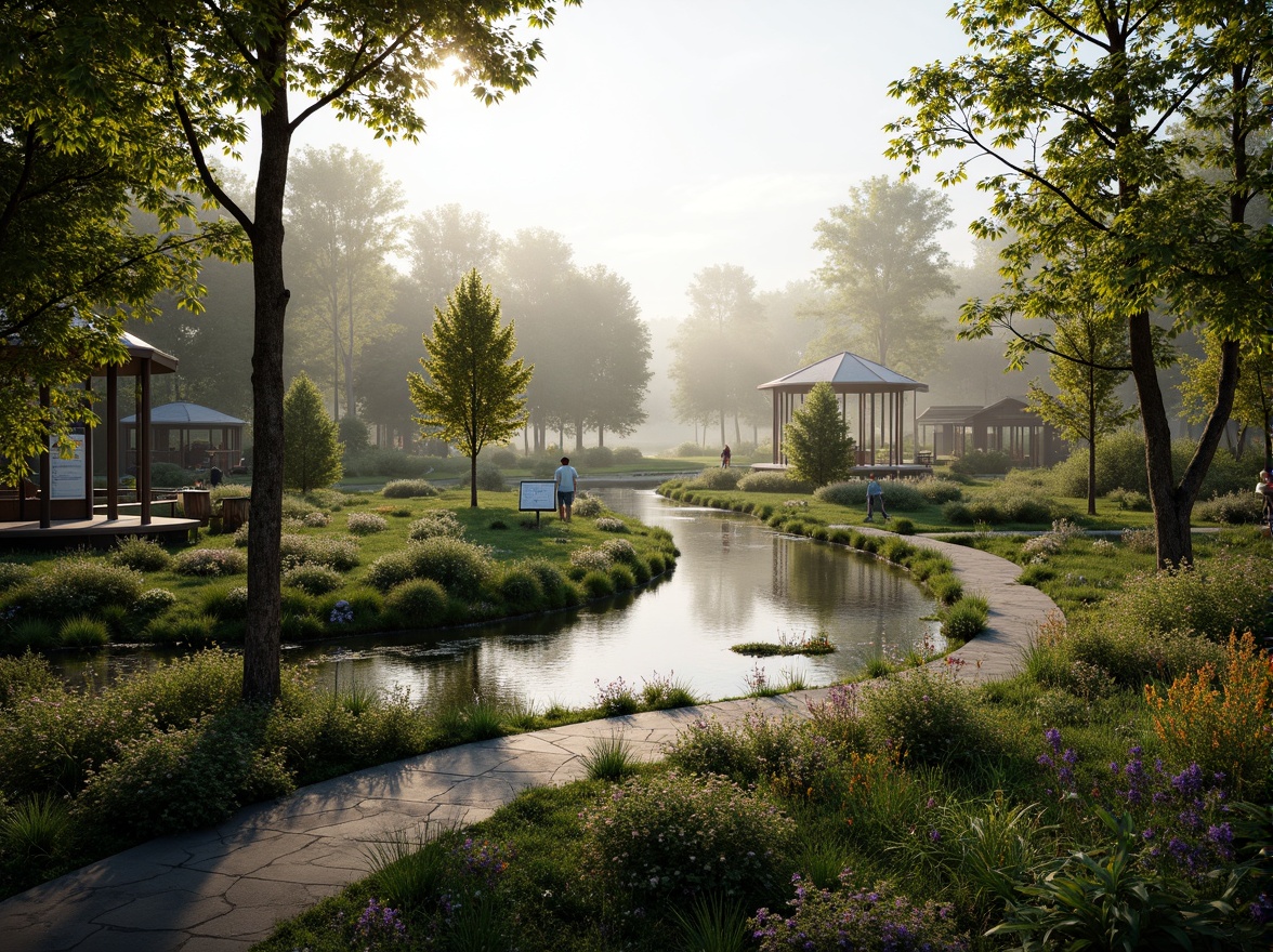 Prompt: Serene wetland landscape, lush vegetation, tranquil water bodies, winding streams, natural stone pathways, wooden boardwalks, observation decks, bird-watching stations, educational signs, native plant species, vibrant wildflowers, soft misty atmosphere, warm sunlight filtering through trees, shallow depth of field, 3/4 composition, panoramic view, realistic textures, ambient occlusion.