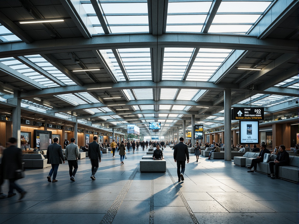 Prompt: Modern bus station interior, sleek metal framework, glass roofs, natural light pouring in, efficient passenger flow, clear signage, digital displays, comfortable seating areas, ample legroom, charging stations, minimalist decor, industrial-style flooring, urban atmosphere, busy morning commute, soft overhead lighting, shallow depth of field, 1/1 composition, realistic textures, ambient occlusion.