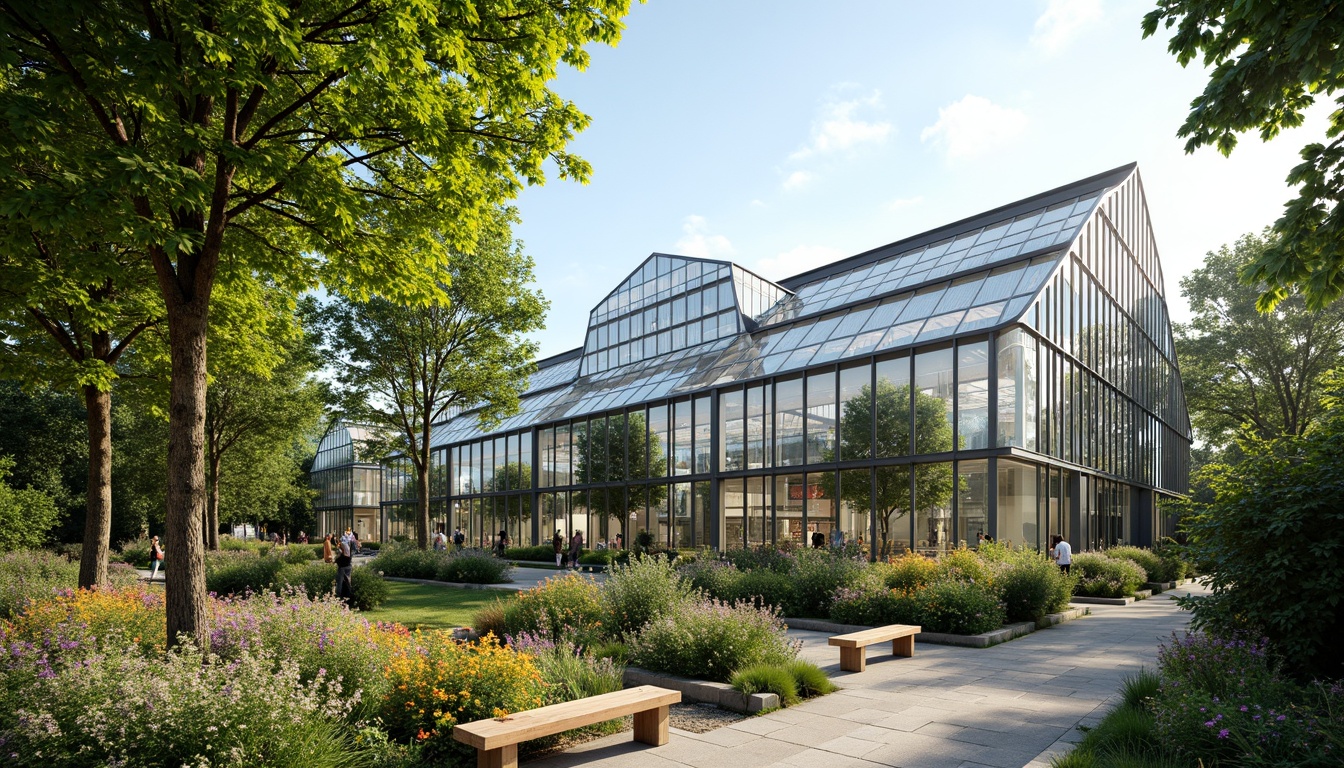 Prompt: Elegant greenhouse, lush greenery, abundant natural light, clerestory windows, skylights, transparent roof panels, steel frames, minimalist architecture, modern academic style, vibrant flowers, educational signs, wooden benches, stone pathways, warm sunny day, soft diffused lighting, shallow depth of field, 1/1 composition, realistic textures, ambient occlusion.