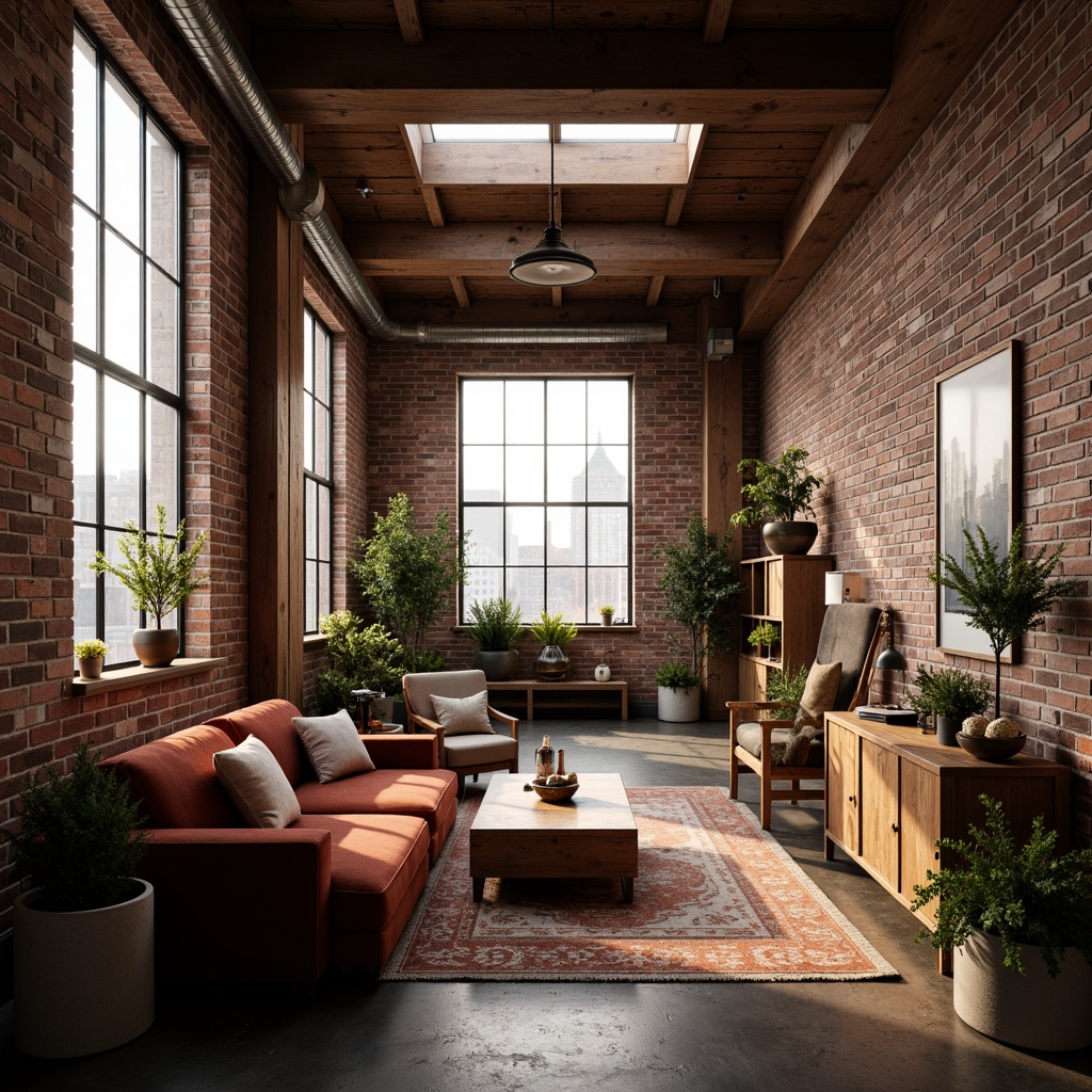 Prompt: Exposed brick walls, wooden beam ceilings, industrial chic decor, cozy reading nooks, plush velvet sofas, vintage rugs, distressed wood furniture, soft warm lighting, large windows, skylights, clerestory windows, urban cityscape views, romantic ambiance, intimate atmosphere, natural textiles, earthy color palette, minimalist ornamentation, functional simplicity, airy open spaces, 1/1 composition, shallow depth of field, warm golden hour lighting.