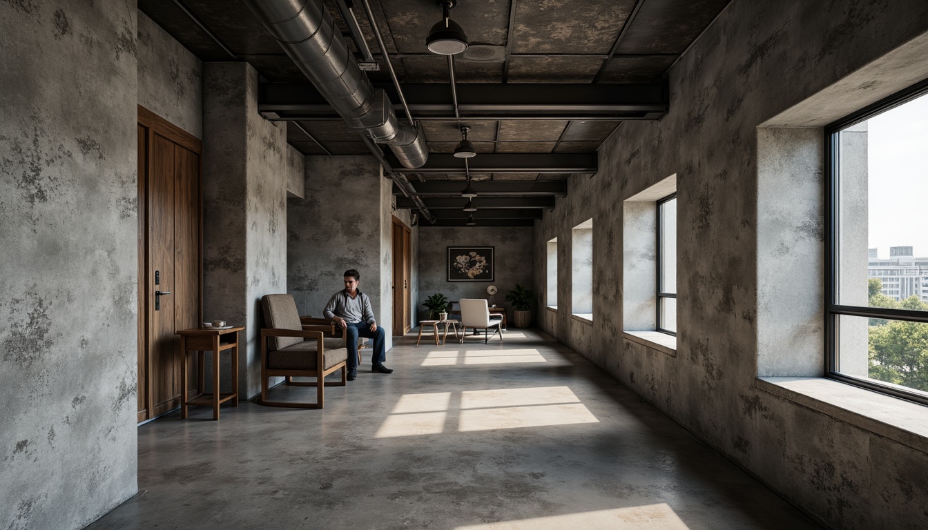 Prompt: Raw concrete walls, rugged textures, brutalist architecture, urban apartment building, industrial chic aesthetic, minimalist decor, functional simplicity, exposed ductwork, steel beams, industrial-style lighting, metal railings, raw wood accents, monochromatic color scheme, dramatic shadows, high-contrast lighting, cinematic composition, 1/2 camera angle, gritty realistic textures, ambient occlusion.