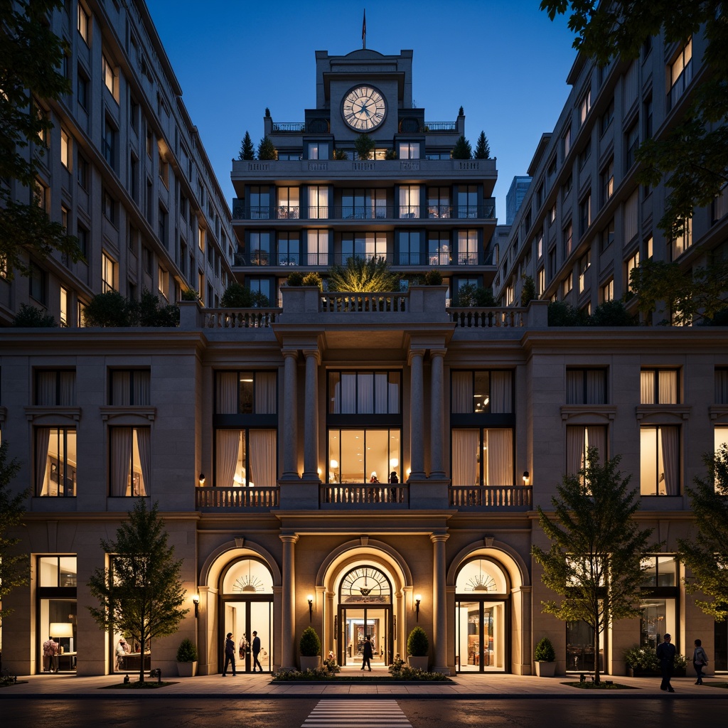 Prompt: Grandiose skyscraper, neoclassical facade, ornate columns, carved stone details, symmetrical composition, grand entrance, bronze doors, elegant balconies, intricate moldings, limestone walls, tall windows, subtle arches, ornamental railings, majestic clock tower, dramatic nighttime lighting, cinematic atmosphere, 1/2 composition, low-angle shot, realistic reflections, ambient occlusion.