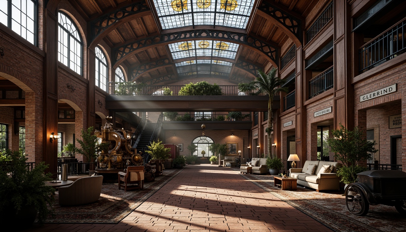 Prompt: Industrial heritage building, ornate metalwork, curved lines, flowing organic forms, stained glass windows, intricate mosaics, luxurious textiles, rich wood tones, vintage machinery, exposed brick walls, distressed finishes, atmospheric lighting, warm color palette, shallow depth of field, 1/1 composition, realistic textures, ambient occlusion.