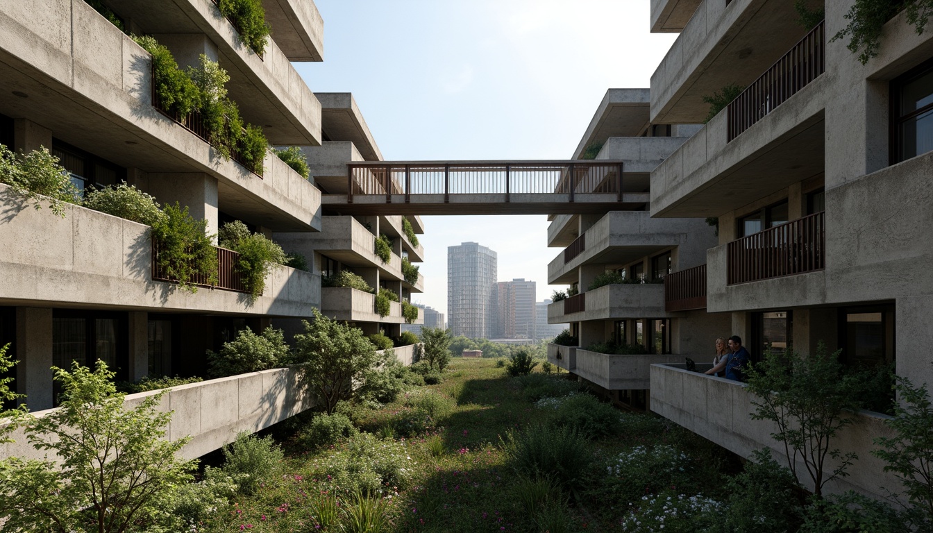 Prompt: Rugged brutalist buildings, raw concrete textures, fortress-like structures, overgrown vegetation, wildflowers, moss-covered walls, weathered steel beams, industrial materials, urban landscape integration, cityscape views, elevated walkways, cantilevered sections, dramatic shadows, harsh natural light, 1/1 composition, symmetrical framing, high-contrast colors, gritty realistic textures, ambient occlusion.