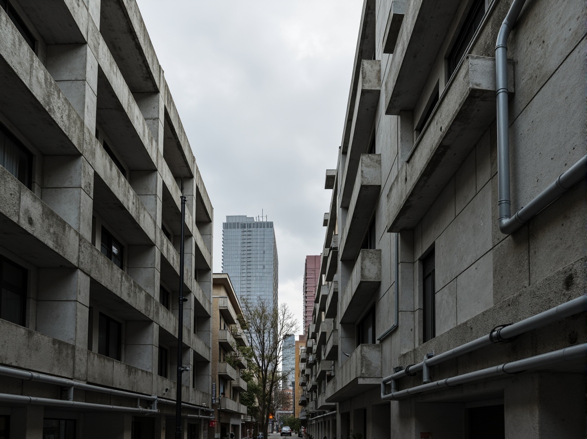 Prompt: Exposed concrete walls, rugged textures, industrial pipes, raw steel beams, minimalist balconies, brutalist architecture, urban cityscape, gloomy overcast sky, dramatic shadows, high-contrast lighting, bold geometric forms, functional simplicity, distressed finishes, poured-in-place concrete, cold monochromatic color palette, 1/1 composition, low-angle shot, cinematic atmosphere, gritty realistic textures.