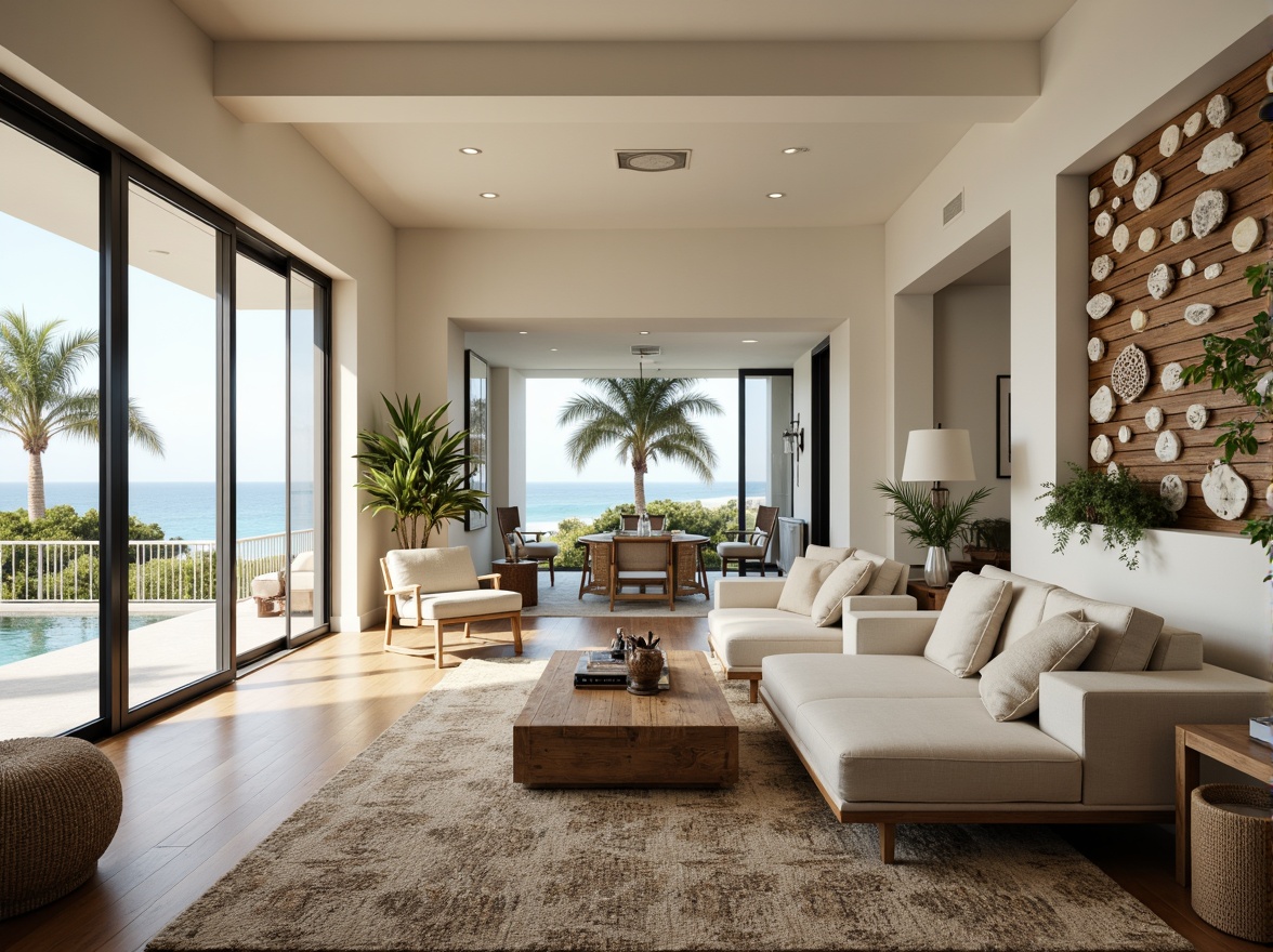 Prompt: Coastal living room, ocean-inspired color palette, driftwood accents, natural textiles, woven sea grass furniture, coral-patterned rugs, shell-adorned decorative walls, floor-to-ceiling windows, sliding glass doors, panoramic ocean views, soft warm lighting, beachy ambiance, minimalist decor, nautical-themed accessories, distressed wood flooring, plush sectional sofas, built-in shelving units, tropical plants, calming atmosphere, 1/1 composition, realistic reflections, ambient occlusion.