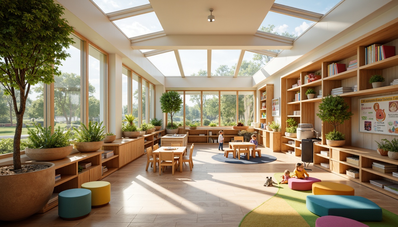 Prompt: Vibrant kindergarten, playful atmosphere, natural lighting, large windows, skylights, clerestory windows, soft warm glow, gentle shadows, colorful furniture, educational decorations, interactive play areas, reading nooks, cozy corners, wooden accents, earthy tones, organic shapes, whimsical patterns, stimulating textures, 1/1 composition, shallow depth of field, realistic rendering.