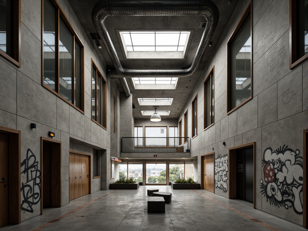 Prompt: Rugged community center, brutalist architecture, raw concrete walls, exposed ductwork, industrial metal beams, natural light pouring in, large skylights, clerestory windows, urban landscape views, gritty cityscape, overcast sky, soft diffused lighting, high contrast shadows, dramatic architectural forms, bold geometric shapes, functional minimalism, communal gathering spaces, reclaimed wood accents, weathered steel features, abstract graffiti art, moody atmospheric tones, cinematic composition, realistic textures, ambient occlusion.