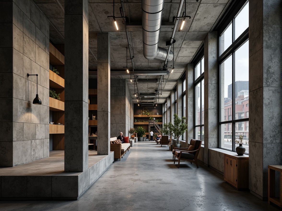 Prompt: Raw concrete walls, rugged textures, brutalist architecture, urban apartment building, industrial chic aesthetic, minimalist decor, functional simplicity, exposed ductwork, steel beams, industrial-style lighting, metal railings, raw wood accents, monochromatic color scheme, dramatic shadows, high-contrast lighting, cinematic composition, 1/2 camera angle, gritty realistic textures, ambient occlusion.