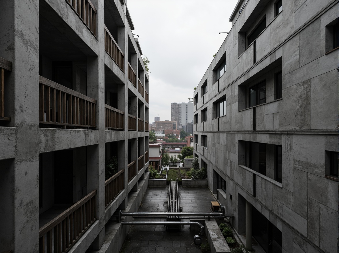 Prompt: Exposed concrete walls, rugged textures, industrial pipes, raw steel beams, minimalist balconies, brutalist architecture, urban cityscape, gloomy overcast sky, dramatic shadows, high-contrast lighting, bold geometric forms, functional simplicity, distressed finishes, poured-in-place concrete, cold monochromatic color palette, 1/1 composition, low-angle shot, cinematic atmosphere, gritty realistic textures.