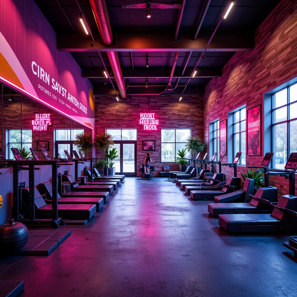 Prompt: Vibrant fitness studio, bold color scheme, energetic atmosphere, neon lights, motivational quotes, modern equipment, sleek metal frames, rubber flooring, mirrored walls, high ceilings, natural light, urban loft design, industrial chic aesthetic, reclaimed wood accents, metallic tones, dynamic lighting effects, fast-paced rhythm, 1/1 composition, shallow depth of field, realistic textures, ambient occlusion.