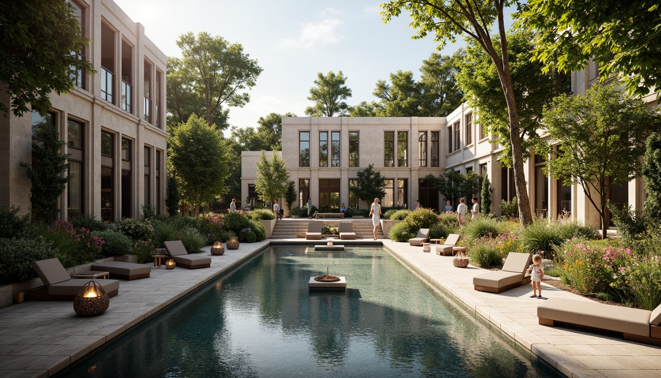 Prompt: Luxurious villa, Art Deco style, ornate facades, curved lines, geometric patterns, lavish gardens, lush greenery, vibrant flowers, tranquil ponds, walking paths, decorative fountains, elegant outdoor furniture, plush cushions, metallic accents, warm lighting, soft shadows, 1/1 composition, symmetrical framing, cinematic atmosphere, realistic textures, ambient occlusion.