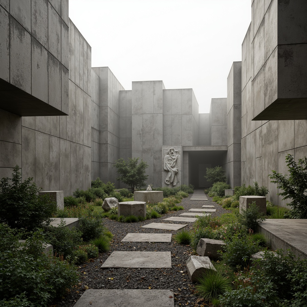 Prompt: Rugged brutalist memorial center, weathered concrete walls, angular geometric shapes, solemn atmosphere, overgrown vegetation, wildflowers, moss-covered stones, meandering pathways, gravel walkways, somber monument sculptures, abstract art installations, foggy misty mornings, soft diffused lighting, shallow depth of field, 1/1 composition, symmetrical framing, muted earth tones, natural textures, ambient occlusion.