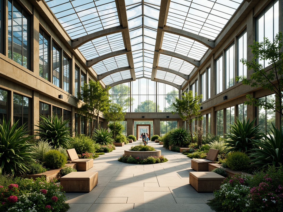 Prompt: Elegant greenhouse, lush greenery, abundant natural light, clerestory windows, skylights, transparent roof panels, steel frames, minimalist architecture, modern academic style, vibrant flowers, educational signs, wooden benches, stone pathways, warm sunny day, soft diffused lighting, shallow depth of field, 1/1 composition, realistic textures, ambient occlusion.