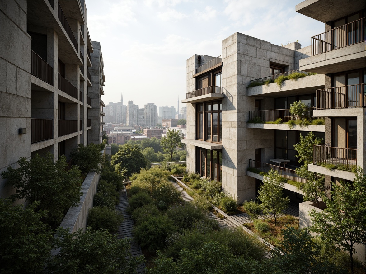 Prompt: Rugged brutalist buildings, raw concrete textures, fortress-like structures, overgrown vegetation, wildflowers, moss-covered walls, weathered steel beams, industrial materials, urban landscape integration, cityscape views, elevated walkways, cantilevered sections, dramatic shadows, harsh natural light, 1/1 composition, symmetrical framing, high-contrast colors, gritty realistic textures, ambient occlusion.