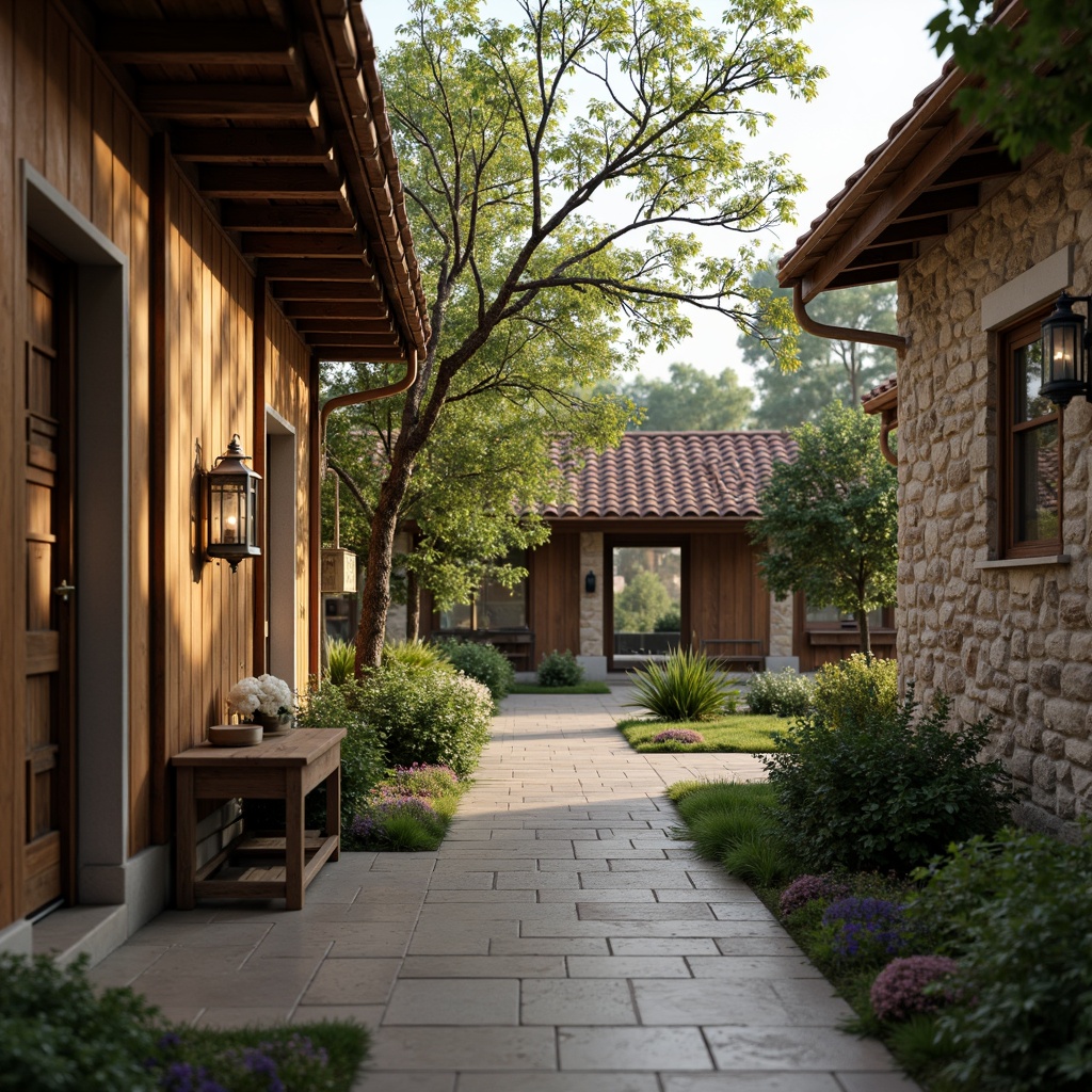 Prompt: Rustic university campus, regionalism style architecture, local materials, reclaimed wood accents, natural stone walls, earthy color palette, traditional roof tiles, ornate wooden doors, vintage lanterns, lush greenery, mature trees, serene atmosphere, warm soft lighting, shallow depth of field, 3/4 composition, panoramic view, realistic textures, ambient occlusion.