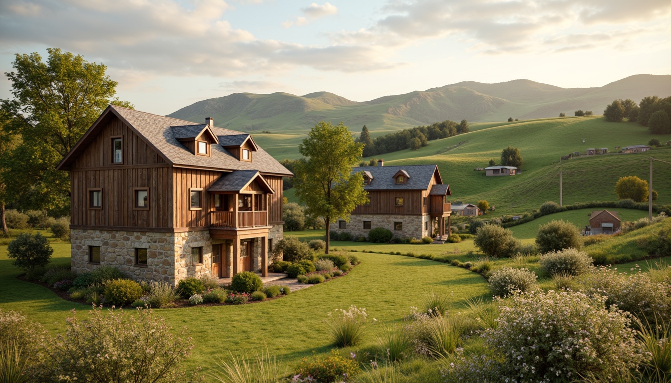 Prompt: Rustic rural landscape, rolling hills, wooden farmhouses, earthy tones, warm beige, soft sage, muted terracotta, weathered wood accents, natural stone foundations, pitched roofs, dormer windows, cozy porches, lush greenery, blooming wildflowers, sunny afternoon, gentle warm lighting, shallow depth of field, 1/2 composition, realistic textures, ambient occlusion.