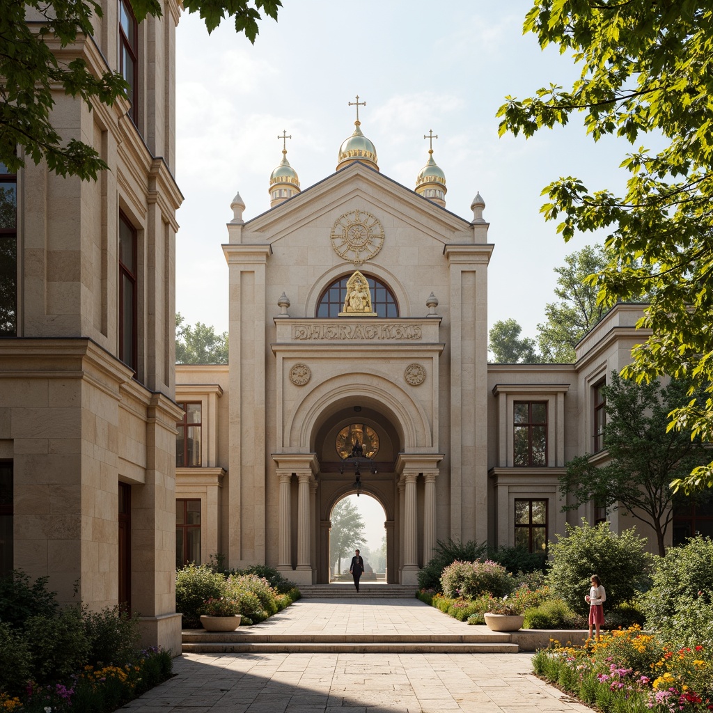 Prompt: Grand monastery entrance, symmetrical facade, neoclassical columns, ornate carvings, golden domes, intricate stone patterns, serene courtyard, lush greenery, vibrant flowers, peaceful ambiance, soft natural lighting, shallow depth of field, 1/1 composition, central axis symmetry, harmonious proportions, elegant archways, refined stucco walls, subtle color palette, warm beige tones, ornate metalwork, devotional statues, mystical atmosphere, morning mist, gentle sunlight.