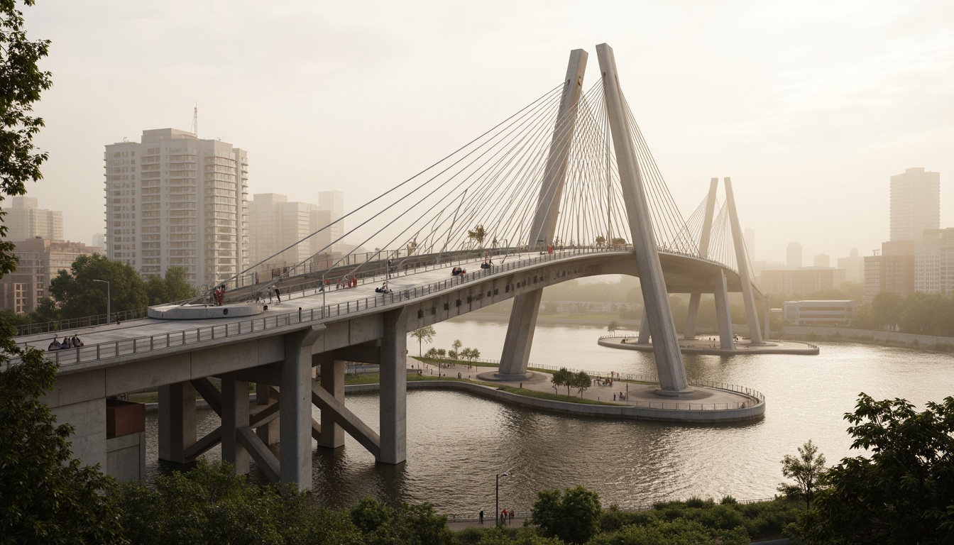 Prompt: Futuristic bridge, sleek metal arches, suspension cables, modern fusion architecture, dynamic curves, cantilevered sections, urban cityscape, misty morning atmosphere, soft warm lighting, shallow depth of field, 3/4 composition, panoramic view, realistic textures, ambient occlusion, steel beams, reinforced concrete pillars, innovative materials, sustainable construction methods, pedestrian walkways, scenic viewpoints, water reflections, rippling waves, surrounding skyscrapers.