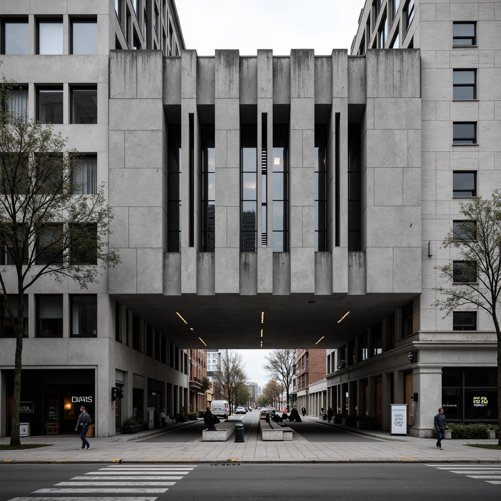 Prompt: Rugged brutalist facade, exposed concrete textures, raw steel beams, industrial pipes, minimalist ornamentation, geometric grid patterns, bold cantilevered volumes, dramatic shadows, high-contrast lighting, urban cityscape, busy streets, modern skyscrapers, abstract sculptures, brutalist architectural details, monochromatic color scheme, rough-hewn stone walls, metallic accents, functional simplicity, 1/1 composition, low-angle shot, cinematic atmosphere.