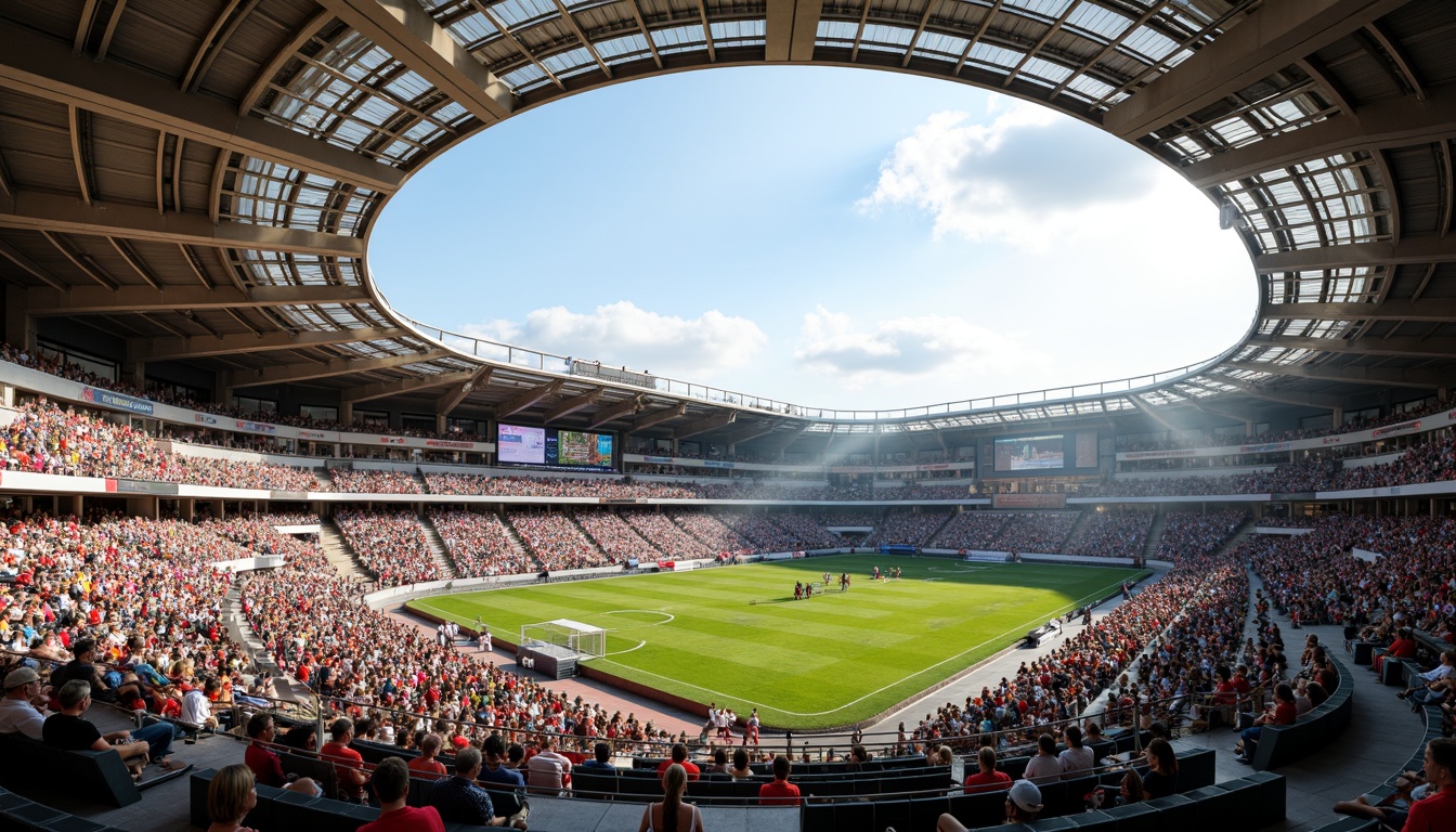 Prompt: Vibrant stadium interior, dynamic seating arrangement, tiered stands, sleek modern architecture, polished concrete floors, bright LED lighting, atmospheric misting systems, lush greenery, natural stone walls, curved lines, open concourses, spacious walkways, panoramic views, shallow depth of field, 3/4 composition, realistic textures, ambient occlusion, energetic crowd atmosphere, warm sunny day, soft warm lighting.