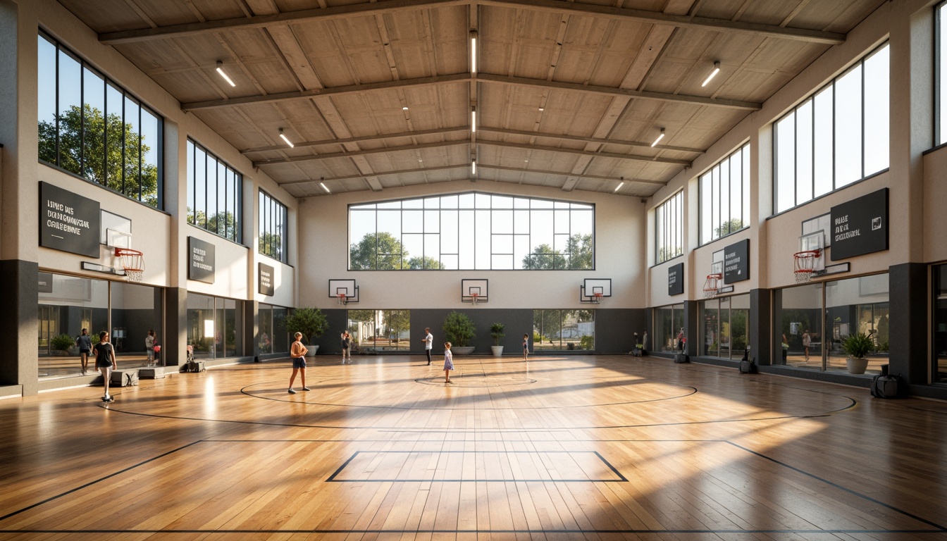 Prompt: Spacious gymnasium interior, high ceilings, natural light pouring in, polished wooden floors, athletic equipment, basketball hoops, volleyball nets, exercise machines, free weights, mirrored walls, motivational quotes, modern architecture, minimalist design, sleek lines, abundant ventilation, soft warm lighting, shallow depth of field, 3/4 composition, panoramic view, realistic textures, ambient occlusion.