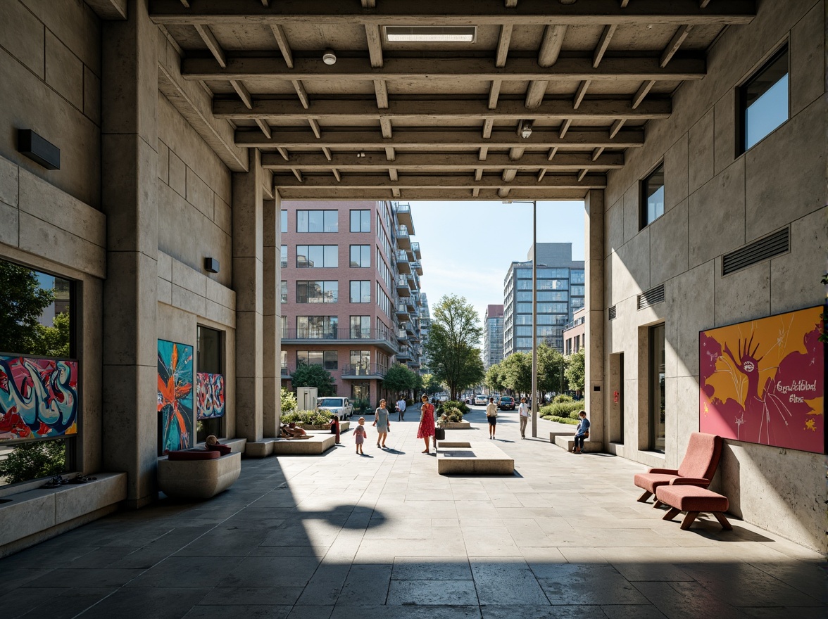 Prompt: Rehabilitation center, brutalist architecture, exposed concrete walls, industrial metal beams, minimalist decor, natural stone flooring, large windows, abundant daylight, urban cityscape, busy streets, modern streetlights, vibrant graffiti, eclectic textures, abstract patterns, bold color accents, geometric shapes, asymmetrical composition, high-contrast lighting, dramatic shadows, 1/2 composition, cinematic view, realistic materials, ambient occlusion.