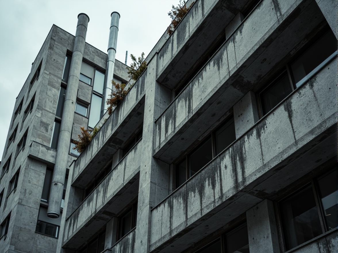 Prompt: Exposed concrete walls, rugged textures, industrial pipes, raw steel beams, minimalist balconies, brutalist architecture, urban cityscape, gloomy overcast sky, dramatic shadows, high-contrast lighting, bold geometric forms, functional simplicity, distressed finishes, poured-in-place concrete, cold monochromatic color palette, 1/1 composition, low-angle shot, cinematic atmosphere, gritty realistic textures.