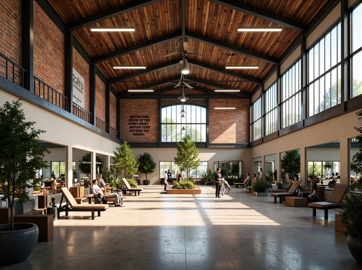 Prompt: Vibrant metabolism-inspired gymnasium, natural light pouring in, industrial-style metal beams, reclaimed wood accents, exposed brick walls, modern fitness equipment, free weights, exercise machines, mirrored walls, motivational quotes, greenery-filled planters, minimalist decor, high ceilings, large windows, soft warm lighting, shallow depth of field, 3/4 composition, panoramic view, realistic textures, ambient occlusion.