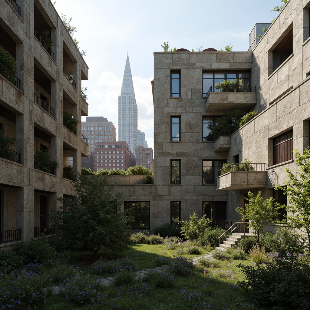 Prompt: Rugged brutalist buildings, raw concrete textures, fortress-like structures, overgrown vegetation, wildflowers, moss-covered walls, weathered steel beams, industrial materials, urban landscape integration, cityscape views, elevated walkways, cantilevered sections, dramatic shadows, harsh natural light, 1/1 composition, symmetrical framing, high-contrast lighting, gritty realistic textures, ambient occlusion.