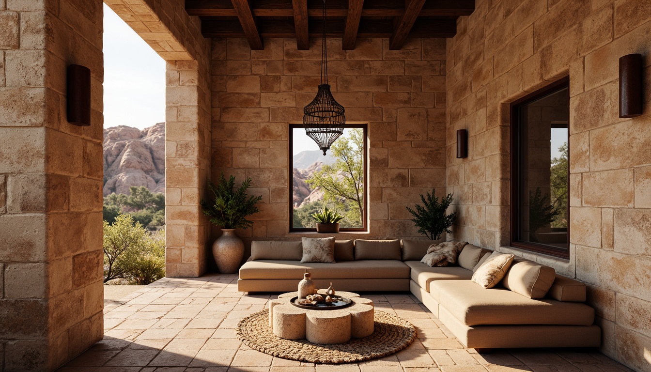 Prompt: Rustic sandstone walls, burgundy accent stones, earthy tones, natural textures, rugged landscape, desert flora, warm sunny day, soft diffused lighting, shallow depth of field, 1/2 composition, realistic rock formations, ambient occlusion, intricate stone carvings, ornate metal details, luxurious velvet fabrics, rich wood furnishings, cozy intimate spaces, dramatic color contrast.