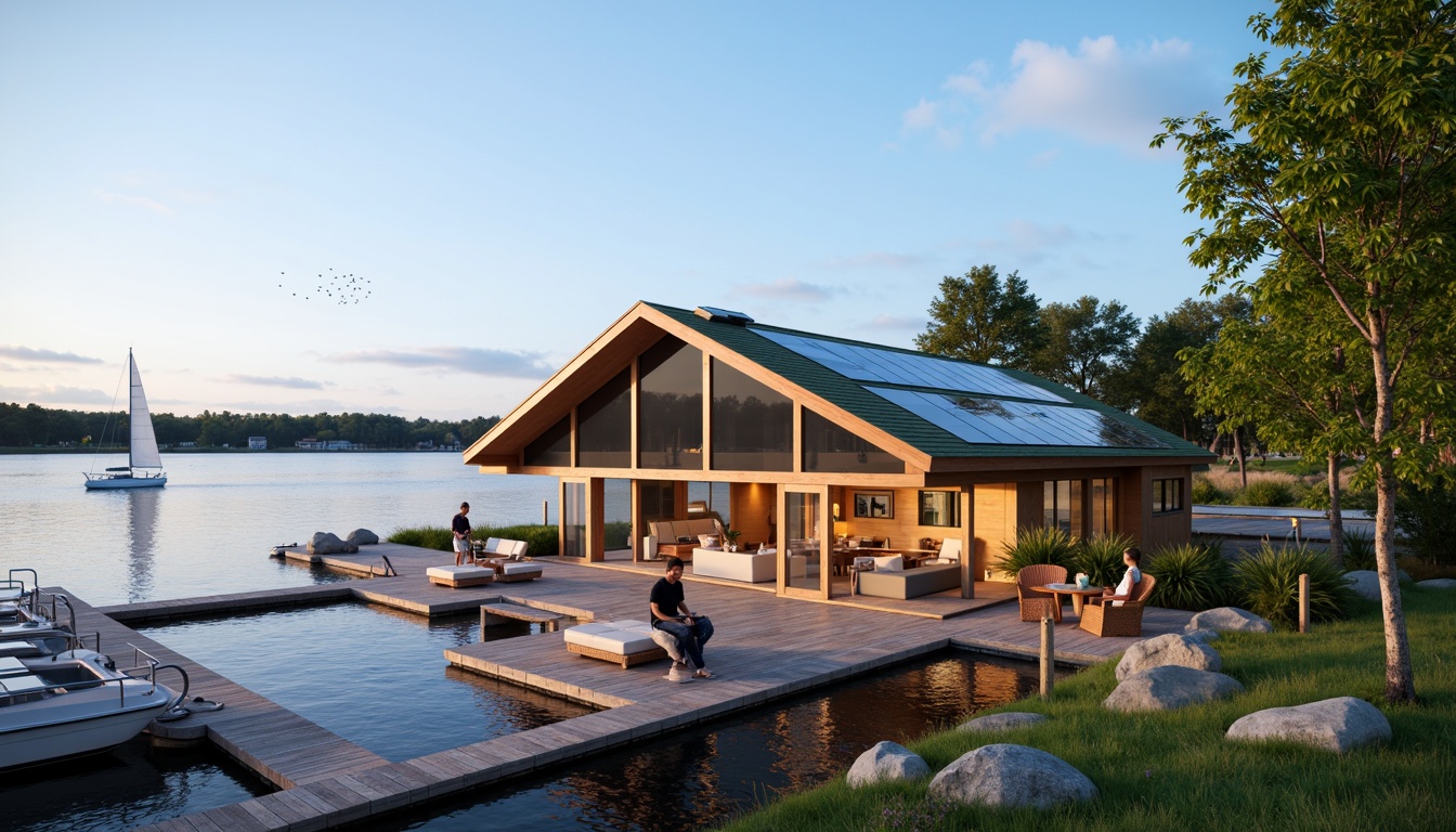 Prompt: Waterfront location, serene lake views, wooden dock, sailboats, modern boathouse design, innovative roof structure, curved lines, green roofs, solar panels, skylights, clerestory windows, natural wood accents, nautical-themed decor, cozy interior spaces, warm lighting, shallow depth of field, 1/1 composition, realistic textures, ambient occlusion.