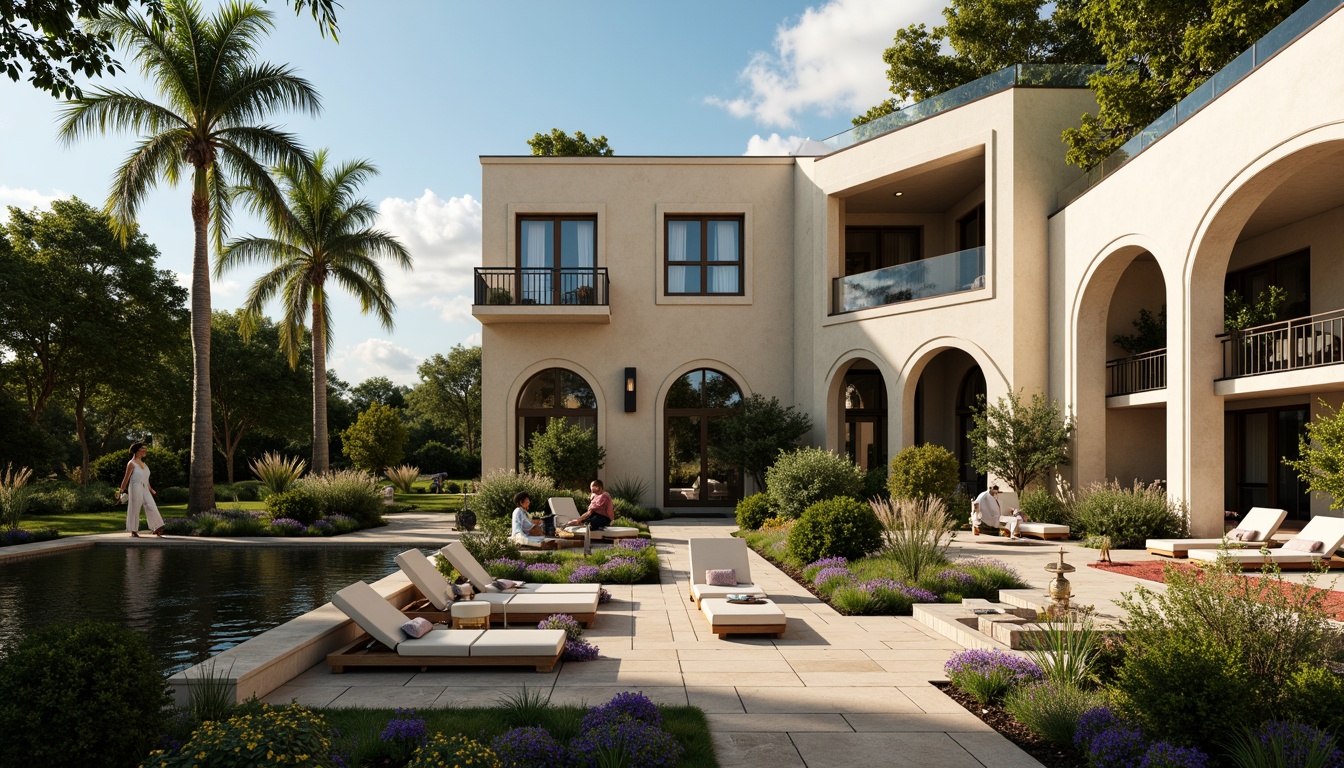 Prompt: Luxurious villa, Art Deco style, ornate facades, curved lines, geometric patterns, lavish gardens, lush greenery, vibrant flowers, tranquil ponds, walking paths, decorative fountains, elegant outdoor furniture, plush cushions, metallic accents, warm lighting, soft shadows, 1/1 composition, symmetrical framing, cinematic atmosphere, realistic textures, ambient occlusion.